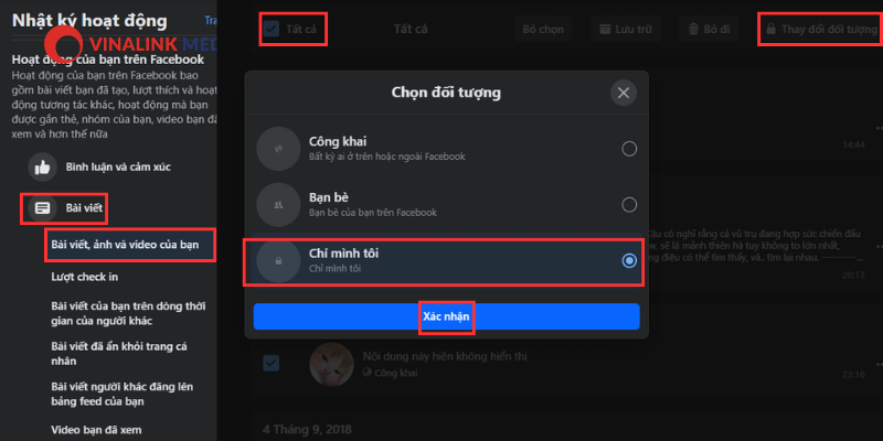 Bước 2: Nhấn chọn Hoạt động của bạn trên Facebook > Bài viết > Bài viết, ảnh và video của bạn. 